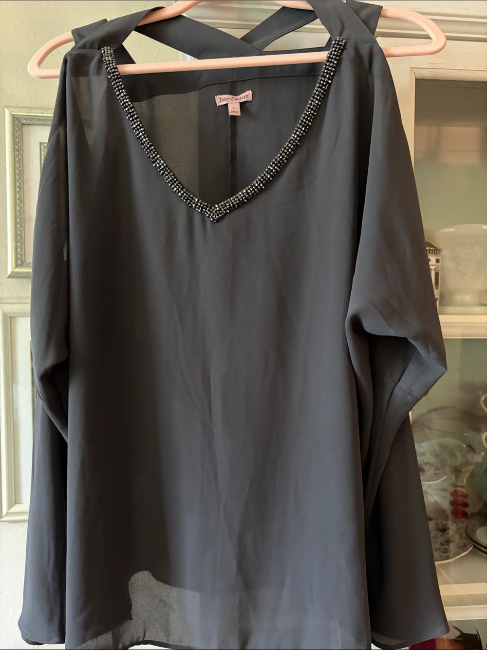 Juicy Couture forged iron gray cold shoulder rhinestone embellished V neck Large